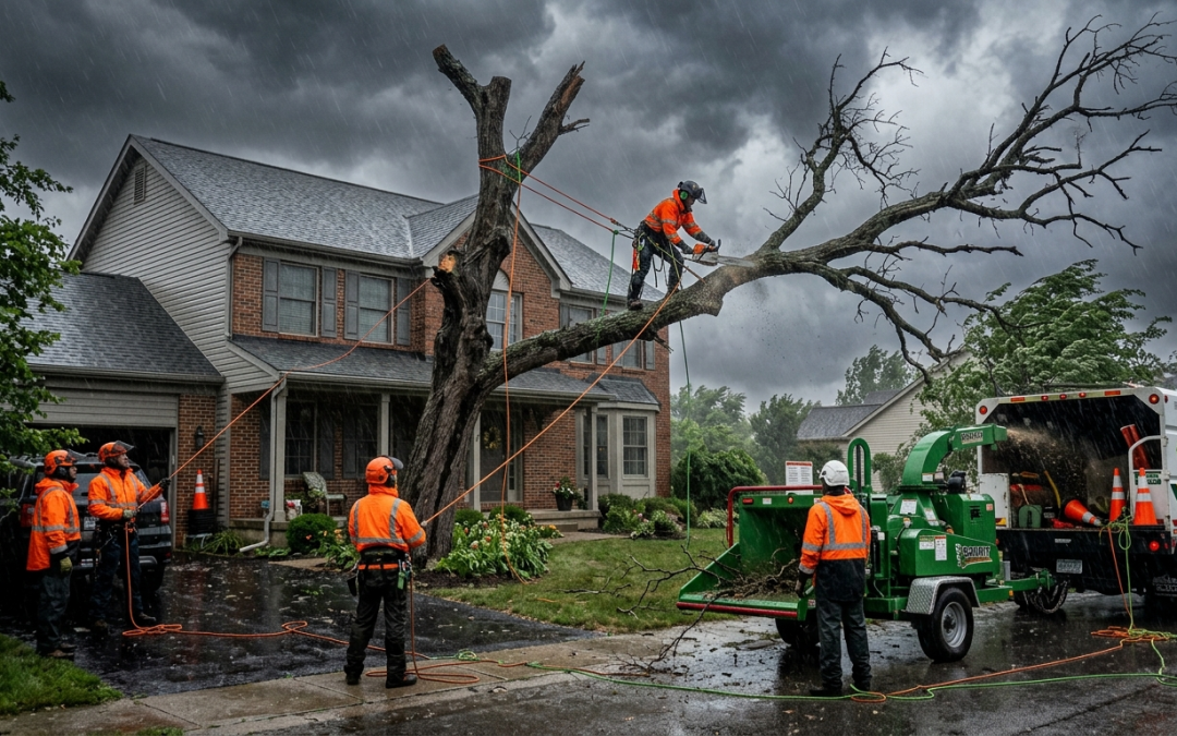 Dead tree near residential house during storm season showing importance of removing unstable trees to prevent property damage and safety risks.