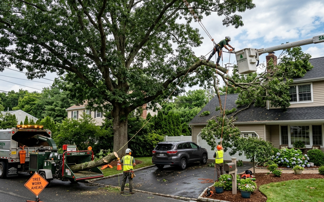 Overgrown tree creating hidden property risks near a residential building and highlighting the importance of regular tree maintenance.