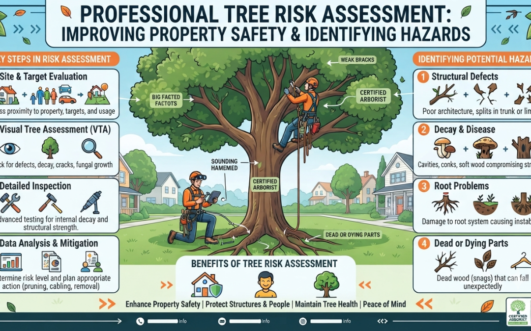 Professional arborist performing a tree risk assessment to improve property safety and identify potential tree hazards.