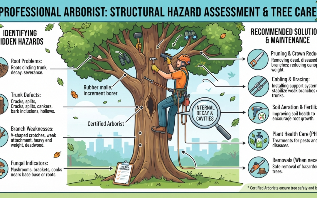 Professional arborist inspecting a mature tree to identify hidden structural hazards and recommend safe tree maintenance solutions.